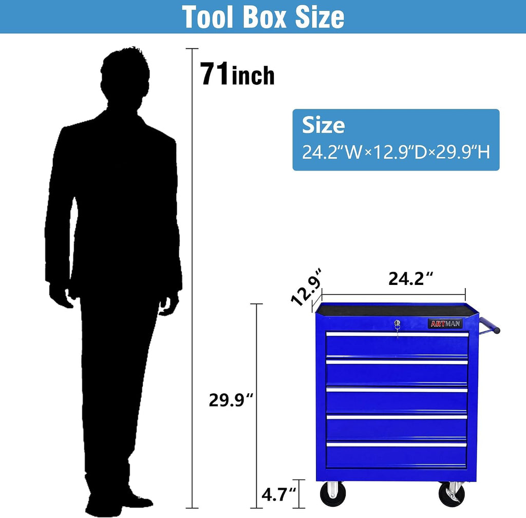 5 Large Drawers Rolling Tool Cart on Wheels, Trolley Organizer Tool Case Chest, Multifunctional Storage Tool Box for Workshop, Garage, Warehouse, Repair Shop (24.2' W×12.9' D×29.9' H-Blue)