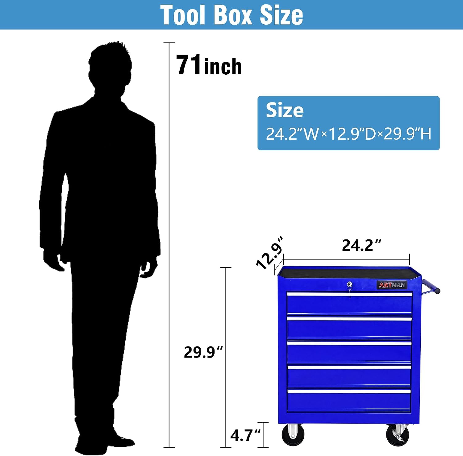 5 Large Drawers Rolling Tool Cart on Wheels, Trolley Organizer Tool Case Chest, Multifunctional Storage Tool Box for Workshop, Garage, Warehouse, Repair Shop (24.2' W×12.9' D×29.9' H-Blue)