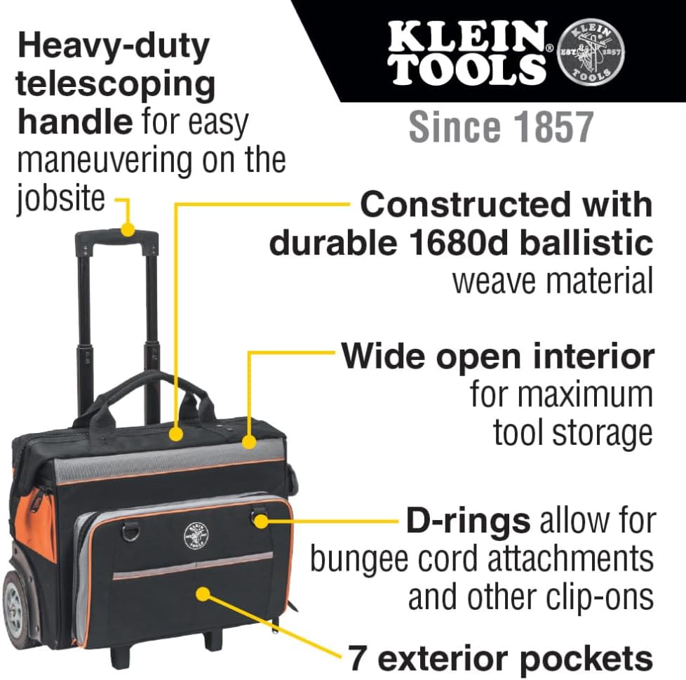 Klein Tools 55452RTB Tool Bag, Water Resistant Tool Storage Organizer Rolls on Rugged 6-Inch Wheels, 24 Pockets, Load Tested to 200-Pound