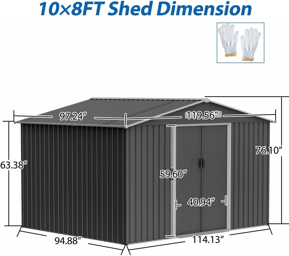 Large Outdoor Storage Shed 10x12 FT, Heavy-Duty Metal Garden Tool Organizer with Lockable Doors and Weather-Resistant Roof for Backyard (10x8 ft Grey-1)