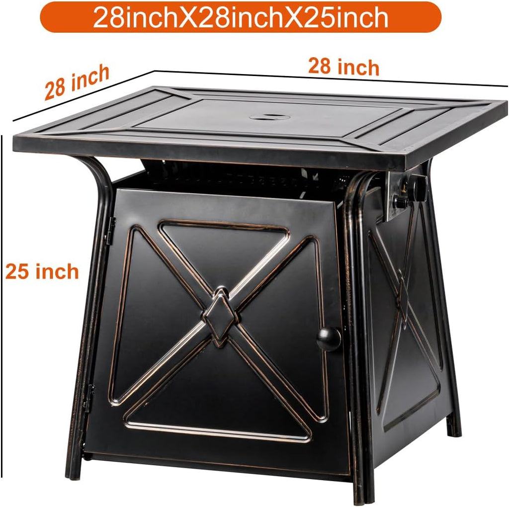 OutVue 28 inch Propane Fire Pit Table,Gas Fire Pits Table for Outside,50000 BTU Propane Firepit with Lid &Lava Rocks,Gas Firepit for Garden,Yard (Black)