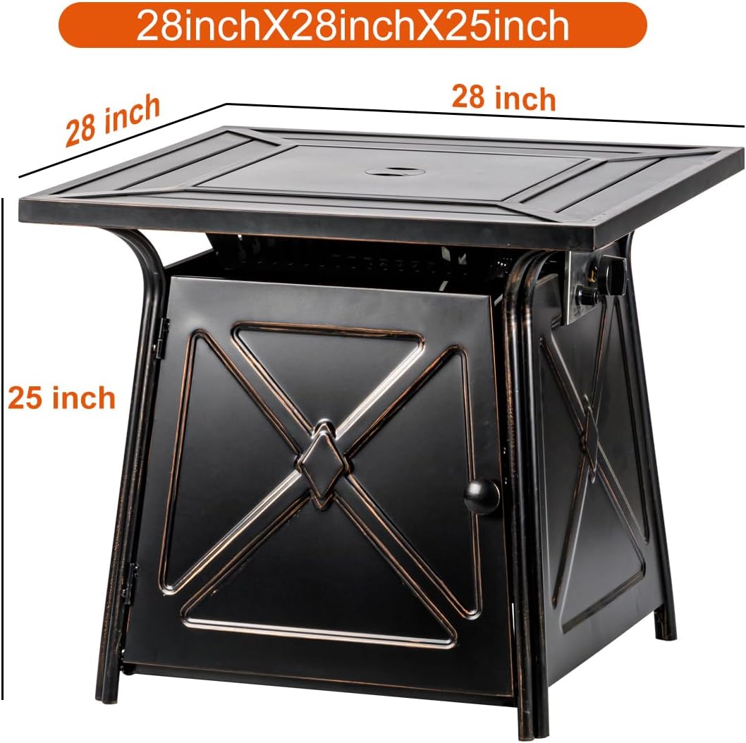OutVue 28 inch Propane Fire Pit Table,Gas Fire Pits Table for Outside,50000 BTU Propane Firepit with Lid &Lava Rocks,Gas Firepit for Garden,Yard (Black)