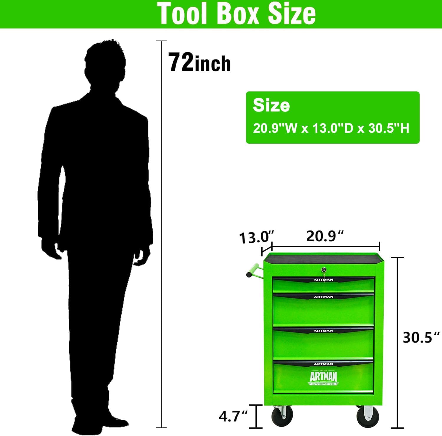 4 Drawers Tool Cart on Wheels, Multifunctional Rolling Tool Chest, Drawers Mobile Trolley Organizer Heavy Duty Tools Box with Locking Wheels & Ball Bearing Drawers (Green, 4 Drawers)