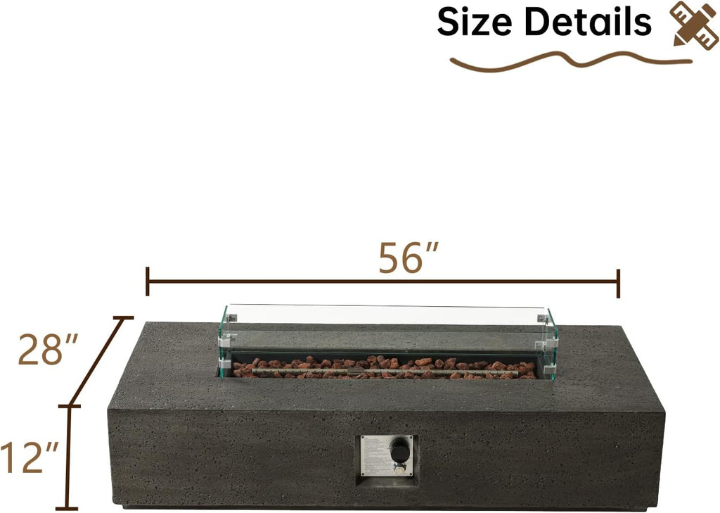 SUNBURY Outdoor Travertine Fire Pit Table, Propane Gas Fire Pit, 56 x 28 Inch Rectangle Outdoor Firepit Table, 50000 BTU Fire Table for Patio Set, Gray