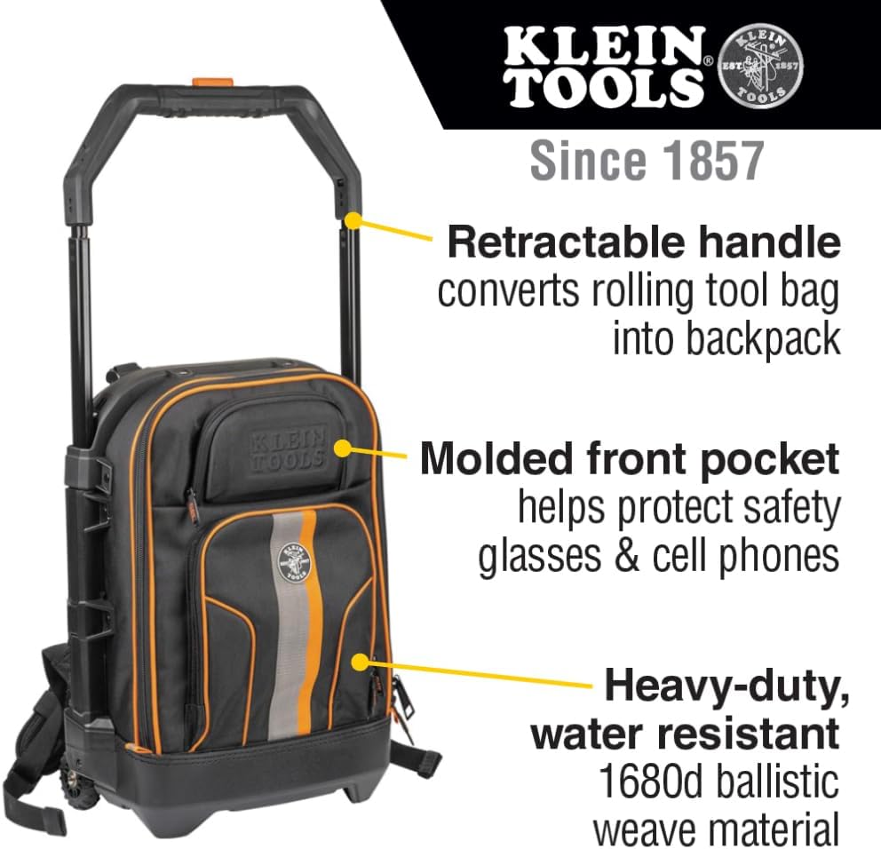 Klein Tools 55604 Rolling Tool Backpack, Tool Bag with 28 Pockets, Heavy Duty Retractable Handle, Large Storage Interior, 3-Inch Wheels