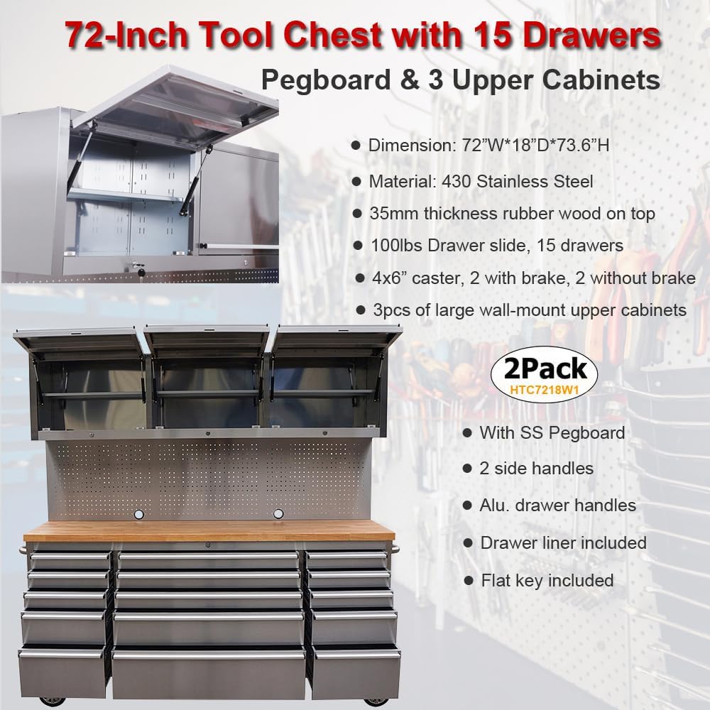 2 Pack - 72' Stainless Steel Rolling Tool Chest with 15 Drawers + 3 Upper Cabinets, Mobile Workbench, Assembled Large Tool Box Lockable Storage Cabinet with Wheels for Garage Workshop (2 × HTC7218W1)