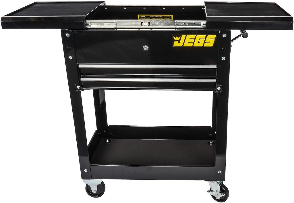 JEGS Heavy-Duty Tool Box Cart | 220 LBS Capacity | Uses Four 4' Caster Wheels | Includes 2 Keyes and 6 Drawer Liners | Black with JEGS Logo | 2 Locking Drawers | Sliding Top