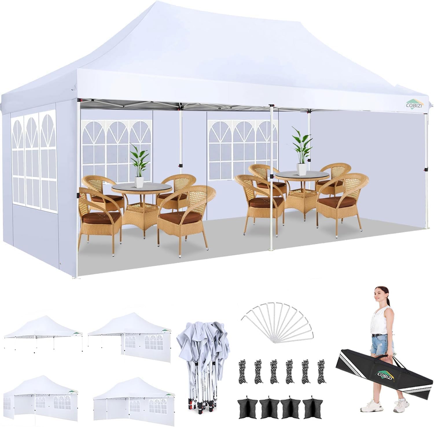 COBIZI 10x20 Pop Up Canopy with 4 Sidewalls, Conical Party Tent 10x20 with 3 Adjustable Height Waterproof, UV-Resistant with Carry Bag, Sandbag, Stake, Ropes for Parties, Commercial (Frame Upgraded)