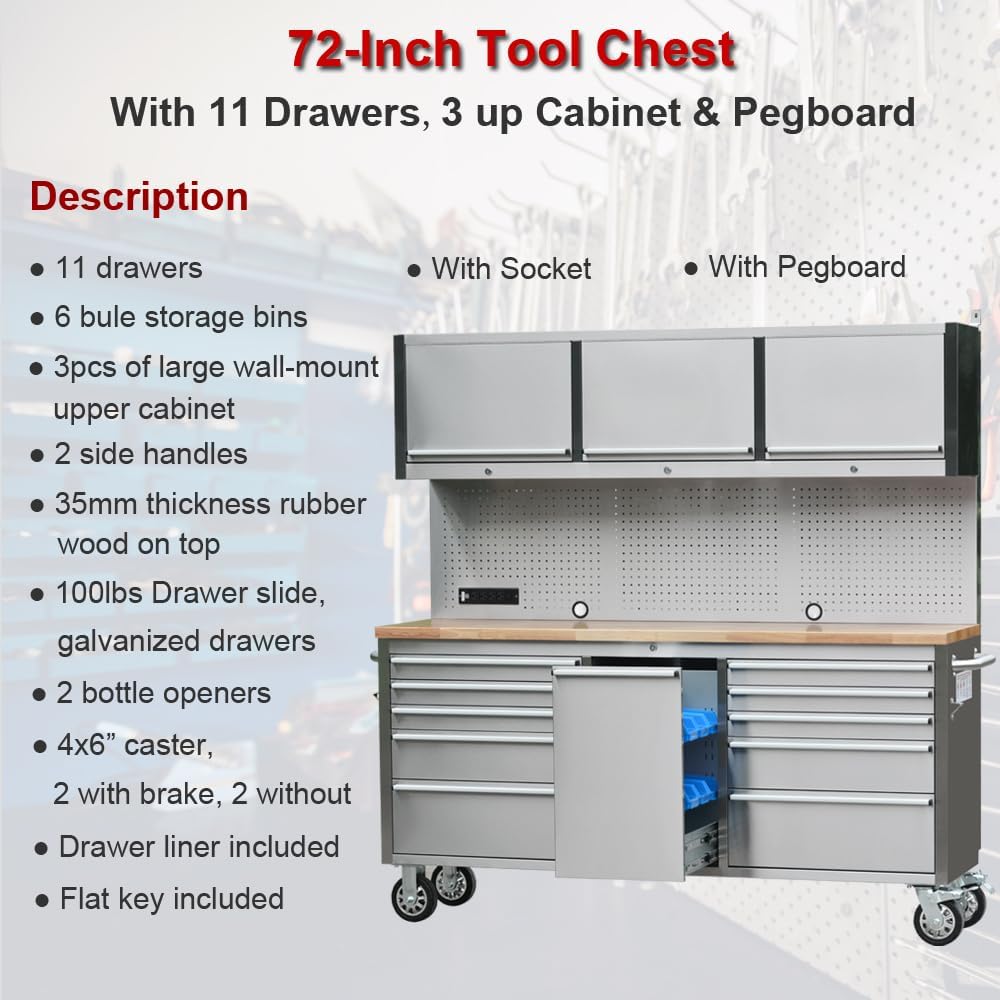 72' Stainless Steel Rolling Tool Chest with 11 Drawers + 3 Upper Cabinets, Large Lockable Storage Cabinet, Mobile Workbench with Wheels for Garage Workshop (1 × HTC7214W1)