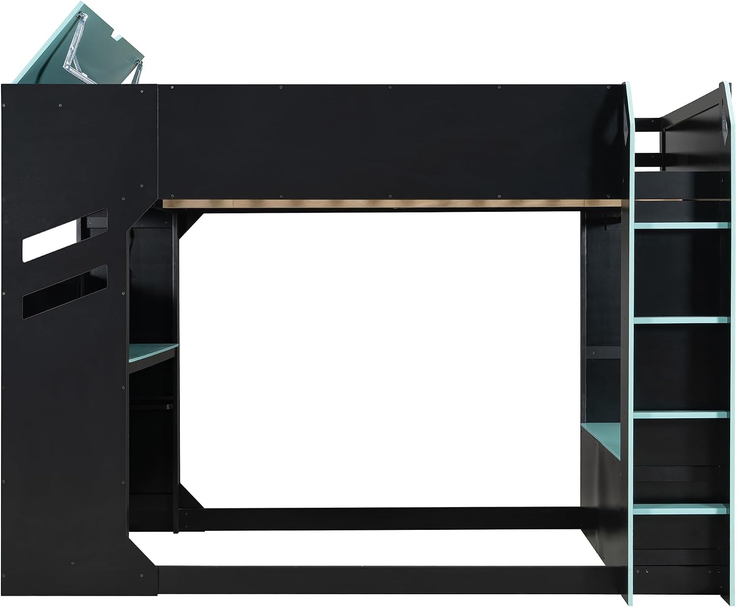 SOFTSEA Full Size Gaming Loft Bed with Desk, Storage Headboard, Drawers, Hanging Rod, USB Ports & LED Lights for Bedroom, No Box Spring Needed, Blue