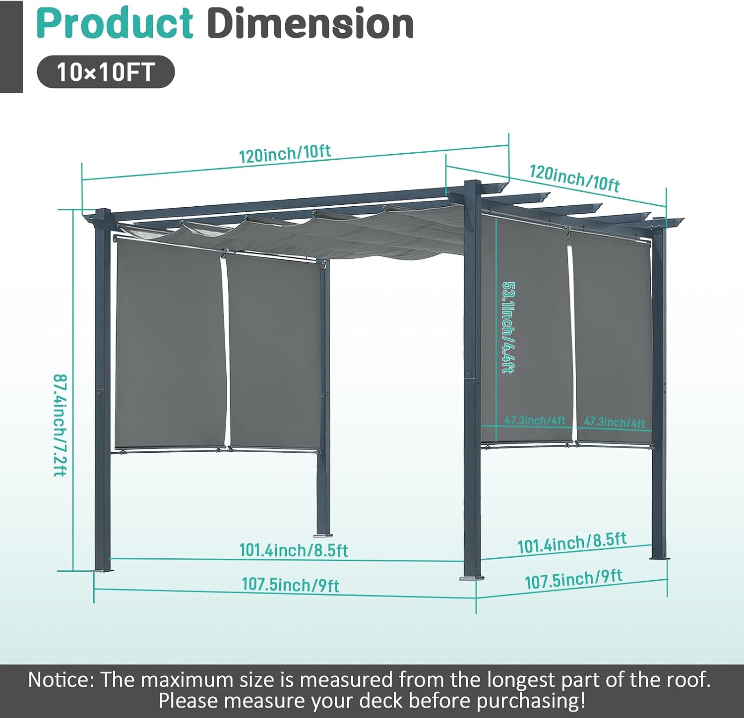 10 x 10 Ft Outdoor Aluminum Pergola, Retractable Canopy & 2 Sides Shades for Patio Backyard Garden Deck
