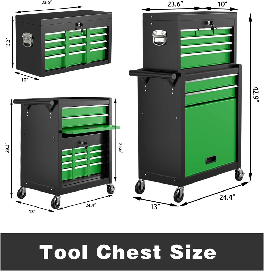 8-Drawer Rolling Tool Chest, High Capacity Removable Tool Storage Cabinet, Detachable Toolbox with Lock for Garage Warehouse and Workshop (Blackgreen)