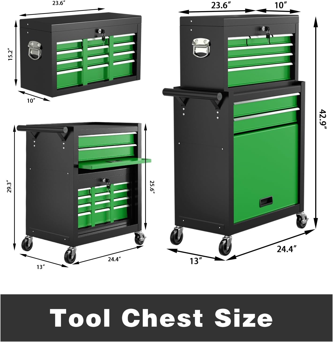 8-Drawer Rolling Tool Chest, High Capacity Removable Tool Storage Cabinet, Detachable Toolbox with Lock for Garage Warehouse and Workshop (Blackgreen)