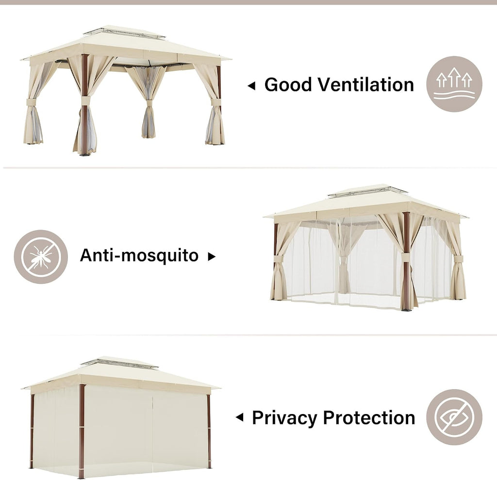 LAUSAINT HOME 10'x13' Outdoor Gazebo, Metal Frame Heavy Duty Patio Canopy Tent Shelter with Double Roofs, Mosquito Nettings and Privacy Screens for Backyard, Garden, Lawn, Cream White