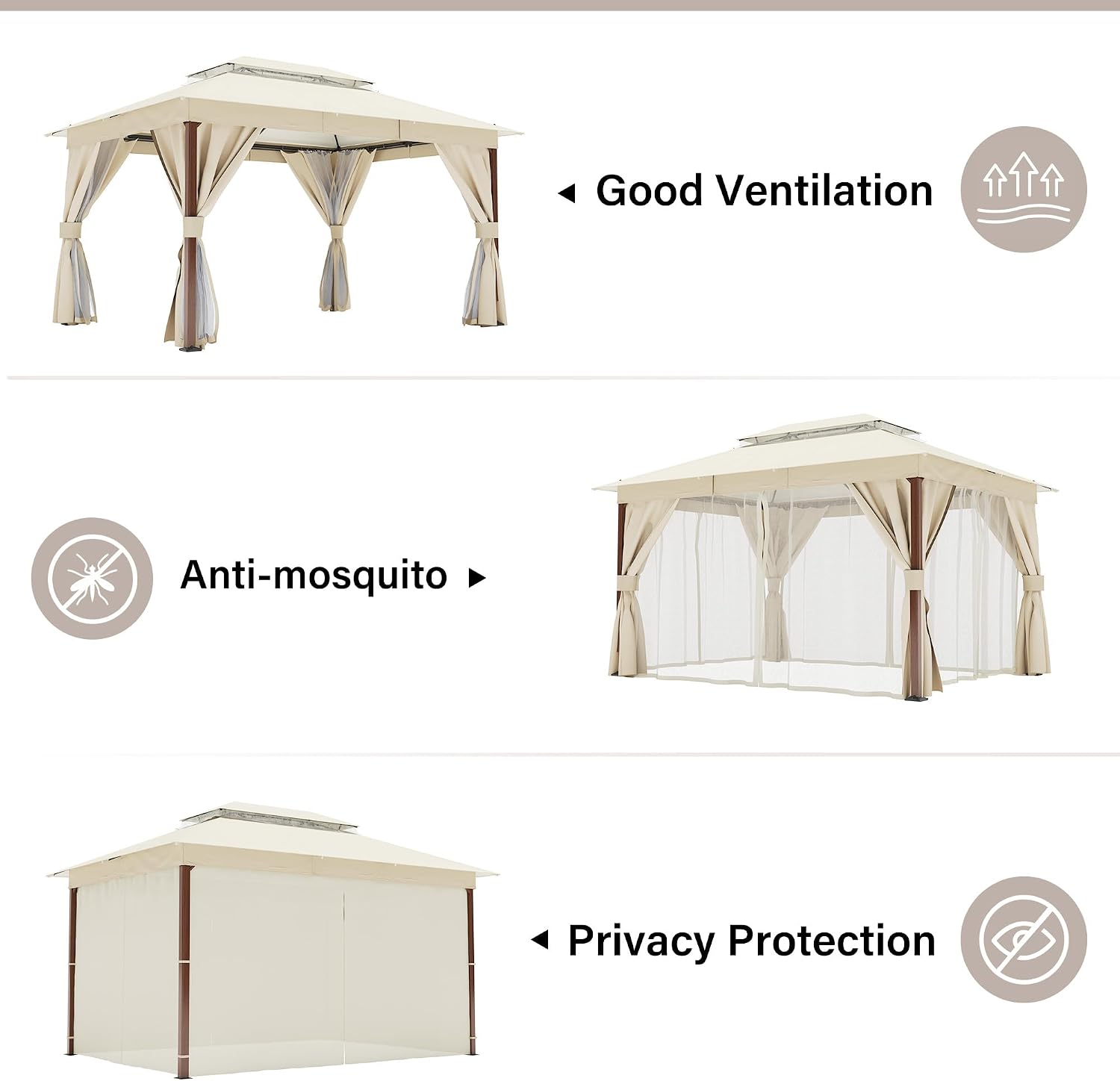 LAUSAINT HOME 10'x13' Outdoor Gazebo, Metal Frame Heavy Duty Patio Canopy Tent Shelter with Double Roofs, Mosquito Nettings and Privacy Screens for Backyard, Garden, Lawn, Cream White