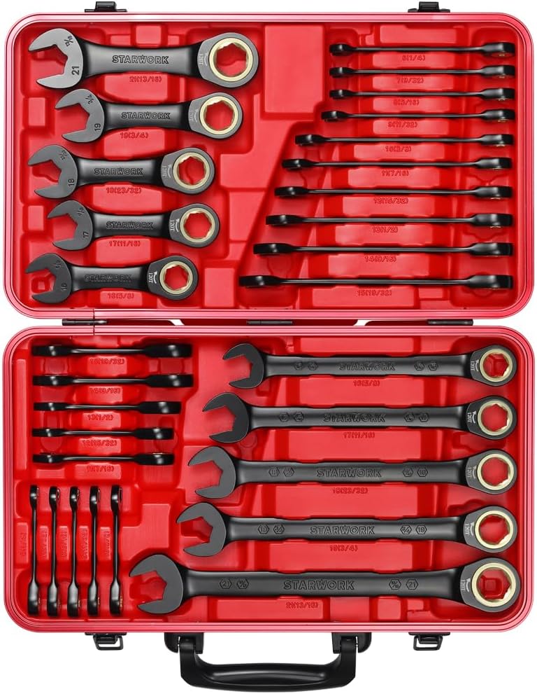 STARWORK TRUE MECHANIC™ 30-Piece 2-IN-1 Ratcheting Wrench Set, 120-Tooth, SAE&Metric, Gift Series with Red Case, Professional