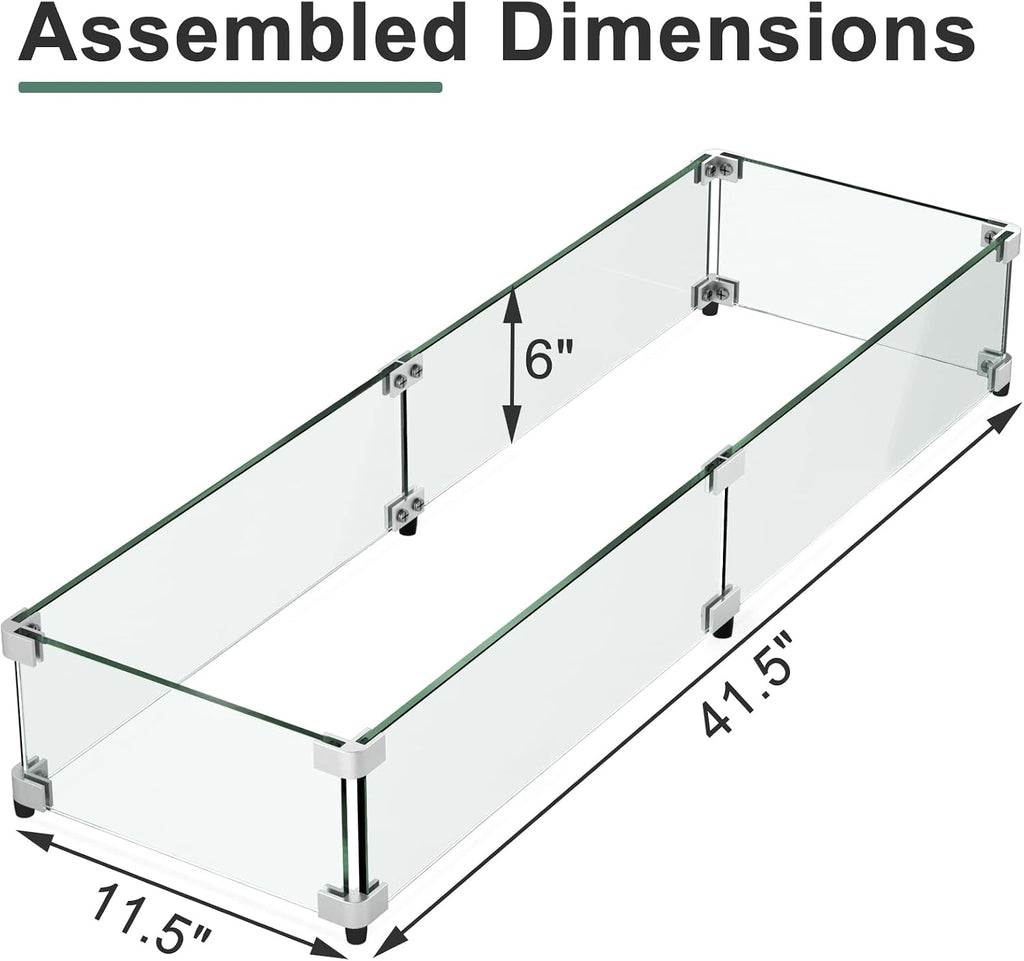 GASPRO 41.5 x 11.5 Inch Glass Wind Guard for Rectangular Fire Pit Table, Thick and Sturdy Tempered Glass Panel with Hard Aluminum Corner Bracket & Rubber Feet, Easy to Assemble