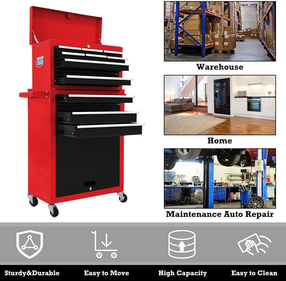 13-Drawer Tool Chest with Wheels, 2 in 1 Detachable Rolling Toolbox with Drawers, Large Tool Box with Lock, Mobile Steel Tool Cabinet Storage for Warehouse, Garage (Red&Black)
