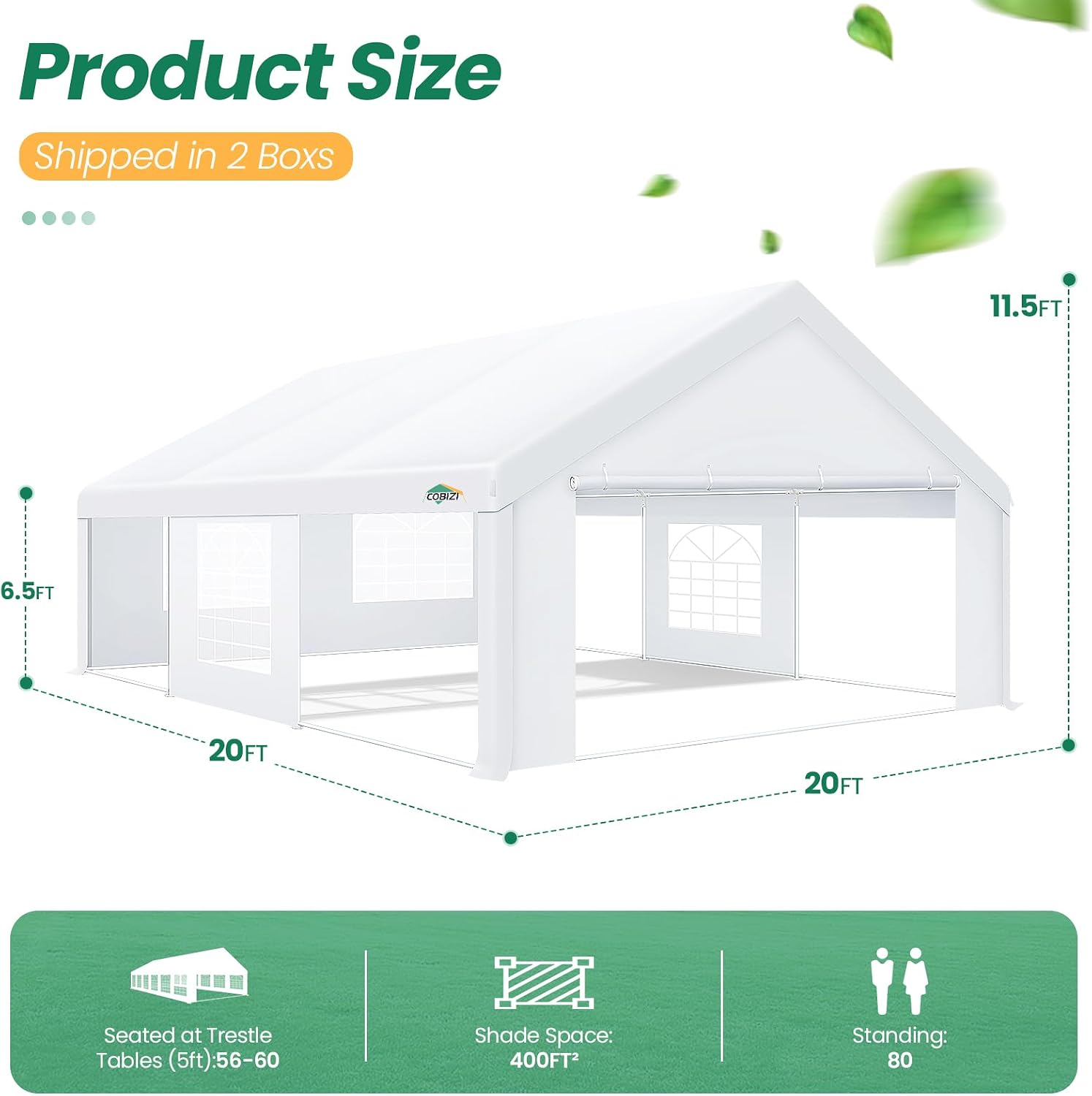 COBIZI 20x20 FT Party Tent Heavy Duty, Large Outdoor Event Tents for Parties with 6 Sidewalls & Built-in Sandbags,Waterproof Wedding Canopy Gazebo Temporary Shelter,Carport,Patio,Windproof White