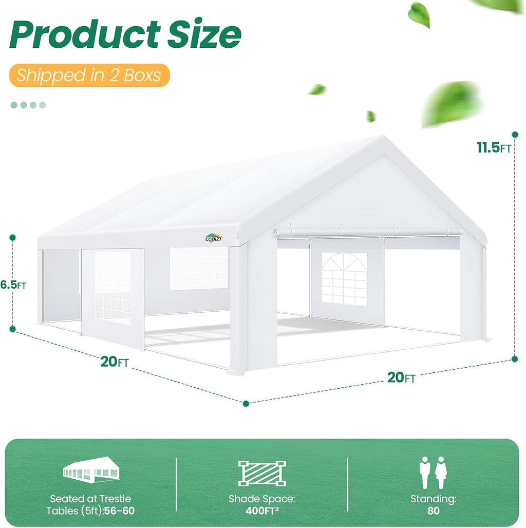 COBIZI 20x20 FT Party Tent Heavy Duty, Large Outdoor Event Tents for Parties with 6 Sidewalls & Built-in Sandbags,Waterproof Wedding Canopy Gazebo Temporary Shelter,Carport,Camping,Patio,Windproof