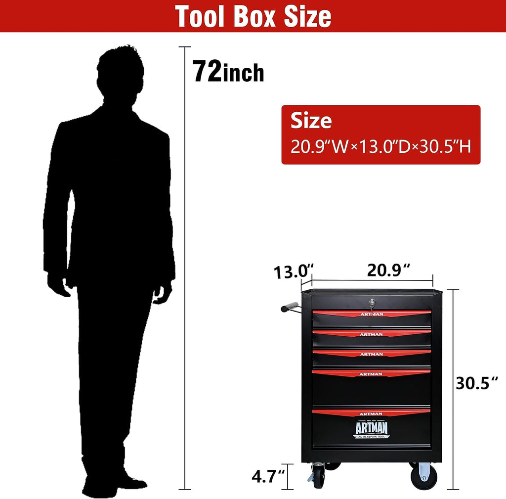 5 Drawers Tool Cart on Wheels, Multifunctional Rolling Tool Chest, Drawers Mobile Trolley Organizer Heavy Duty Tools Box with Locking Wheels & Ball Bearing Drawers (Black, 5 Drawers)
