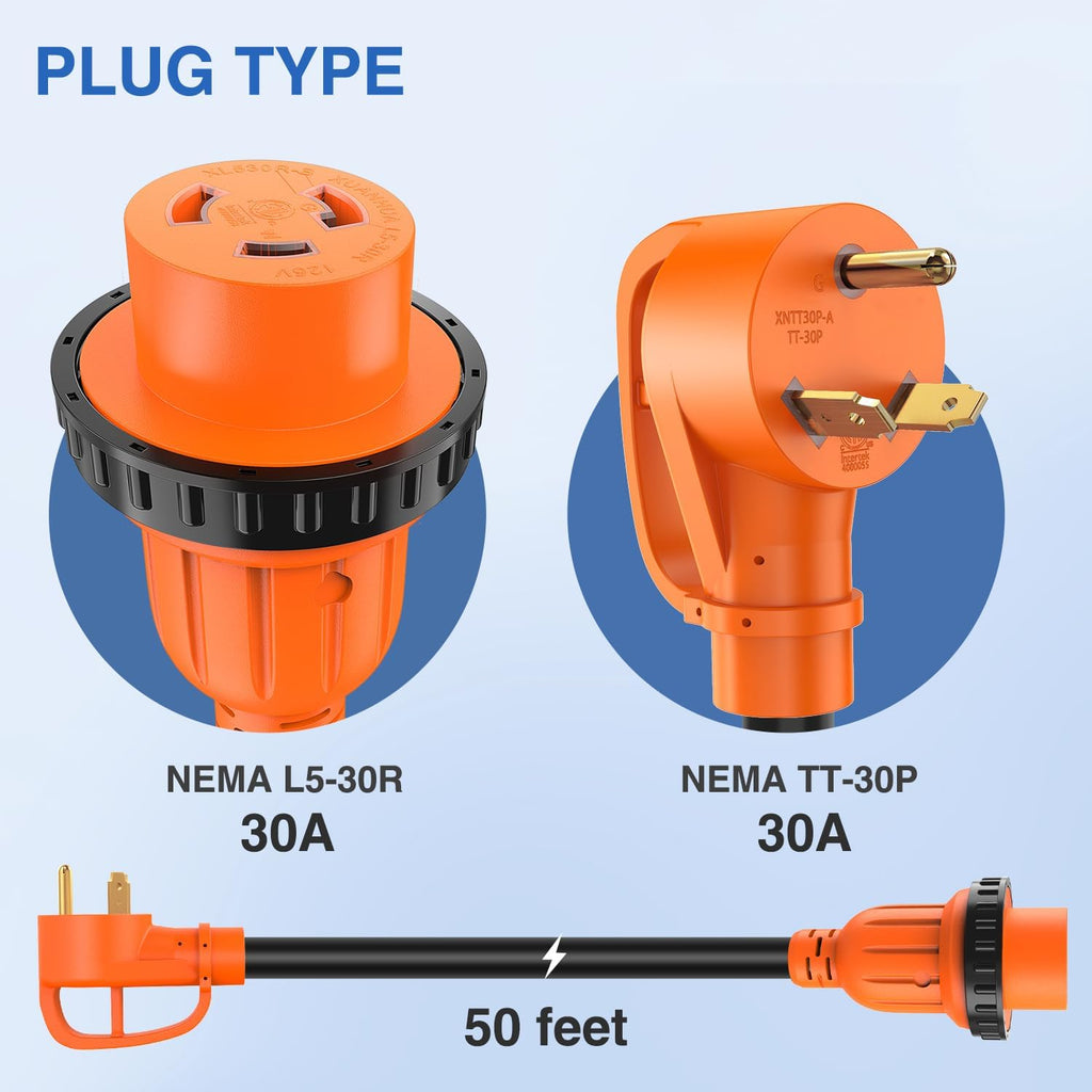 Nilight 30 Amp 50FT RV Locking Extension Cord 125V Heavy Duty 10 Gauge Pure Copper STW Wire ETL Listed 3 Prong TT-30P L5-30R 30F/30M Weatherproof Suit for Camper Trailer