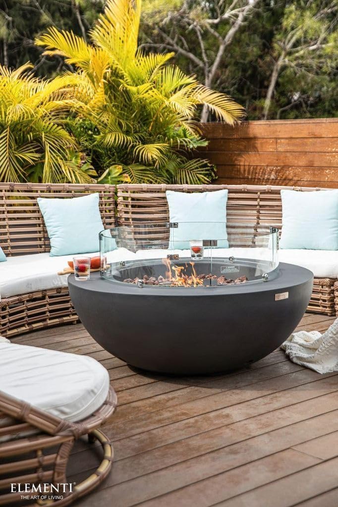 Elementi Lunar Bowl Cast Concrete Fire Table Bundle, Outdoor Fire Pit Fire Table Patio Furniture, Dark Gray (Natural Gas)
