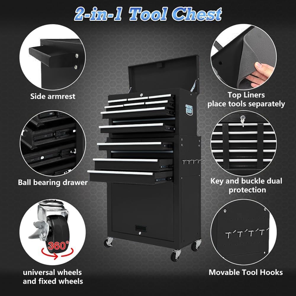 13-Drawer Rolling Tool Chest,Large Toolbox with Wheels, Tool Cabinets with Drawers, Top Detachable Tool Box with Hooks Handles for Workshop Mechanical Garage - Black