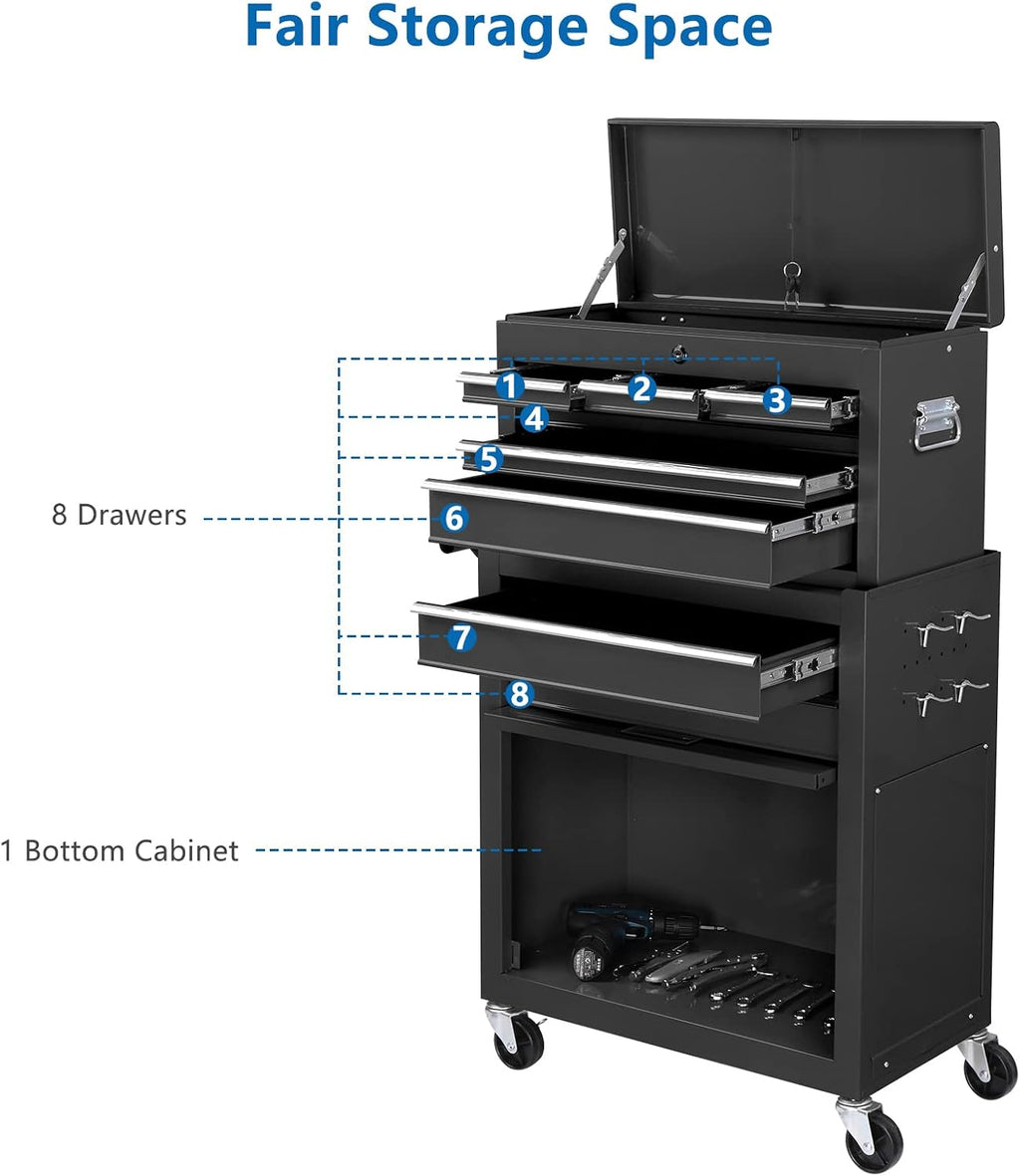 TUFFIOM 8-Drawer Rolling Tool Chest w/Lock, Tool Storage Cabinet w/Wheels, Detachable Top, Drawers & Drawer Liners, Tool Organizer Box for Garage, Warehouse & Repair Shop