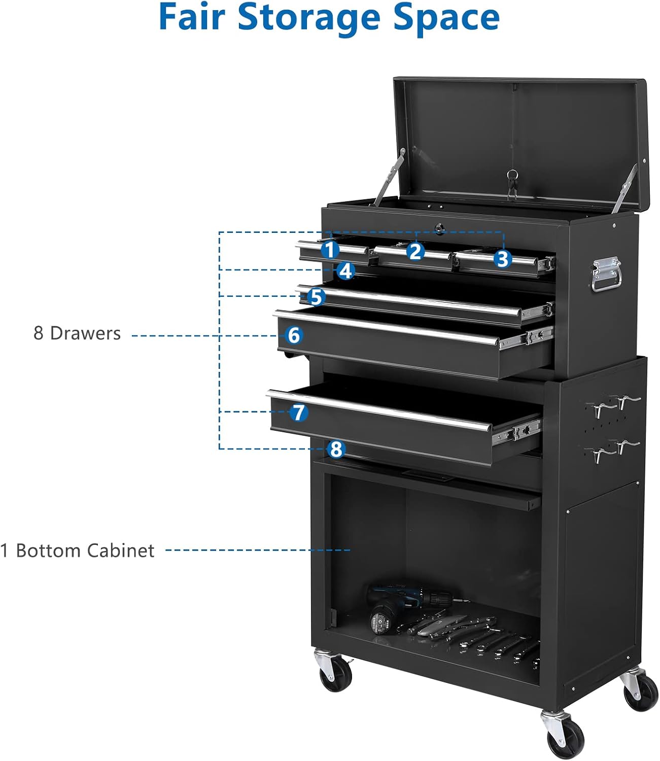 TUFFIOM 8-Drawer Rolling Tool Chest w/Lock, Tool Storage Cabinet w/Wheels, Detachable Top, Drawers & Drawer Liners, Tool Organizer Box for Garage, Warehouse & Repair Shop