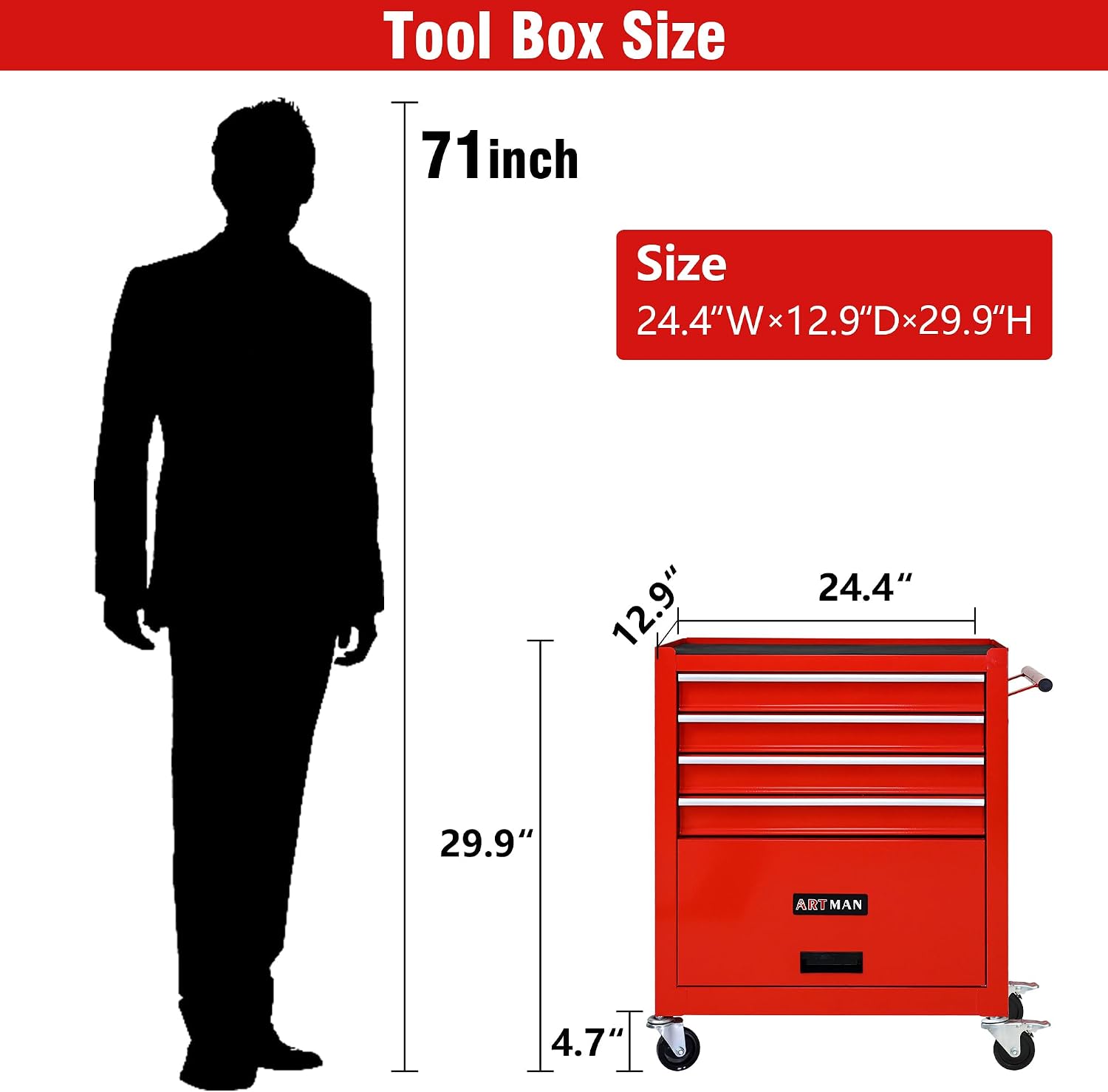 4 Drawers Tool Cart on Wheels, 4 Drawer Rolling Tool Chest, Trolley Organizer Tool Box Tool Case with 1 Cabinet, Multifunctional Tools Case for Garage,Warehouse,Workshop,Repair Shop (Red)