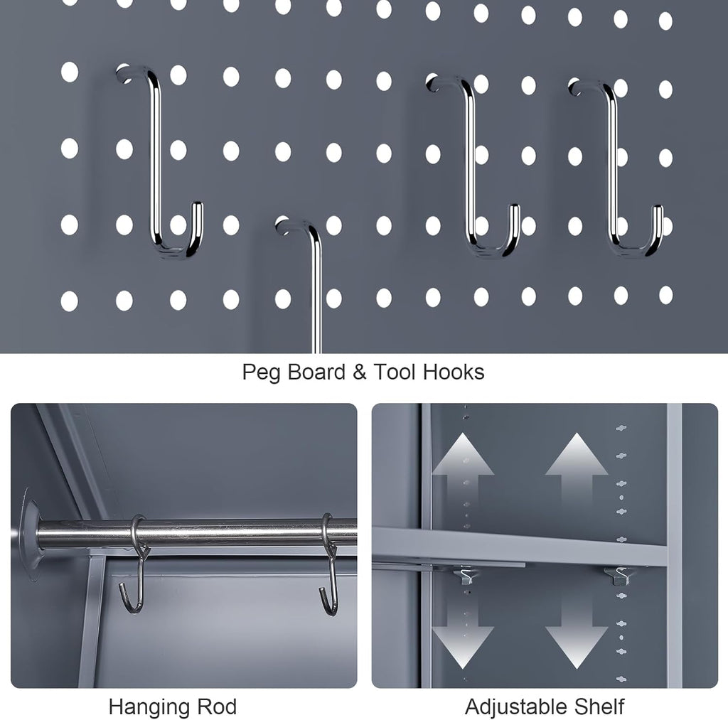 GREATMEET 72.8' H Tall Metal Garage Storage Cabinet for Cleaning Tools, Lockable Double Door Utility Organizer with Pegboard & Tool Hanging Bars, Grey