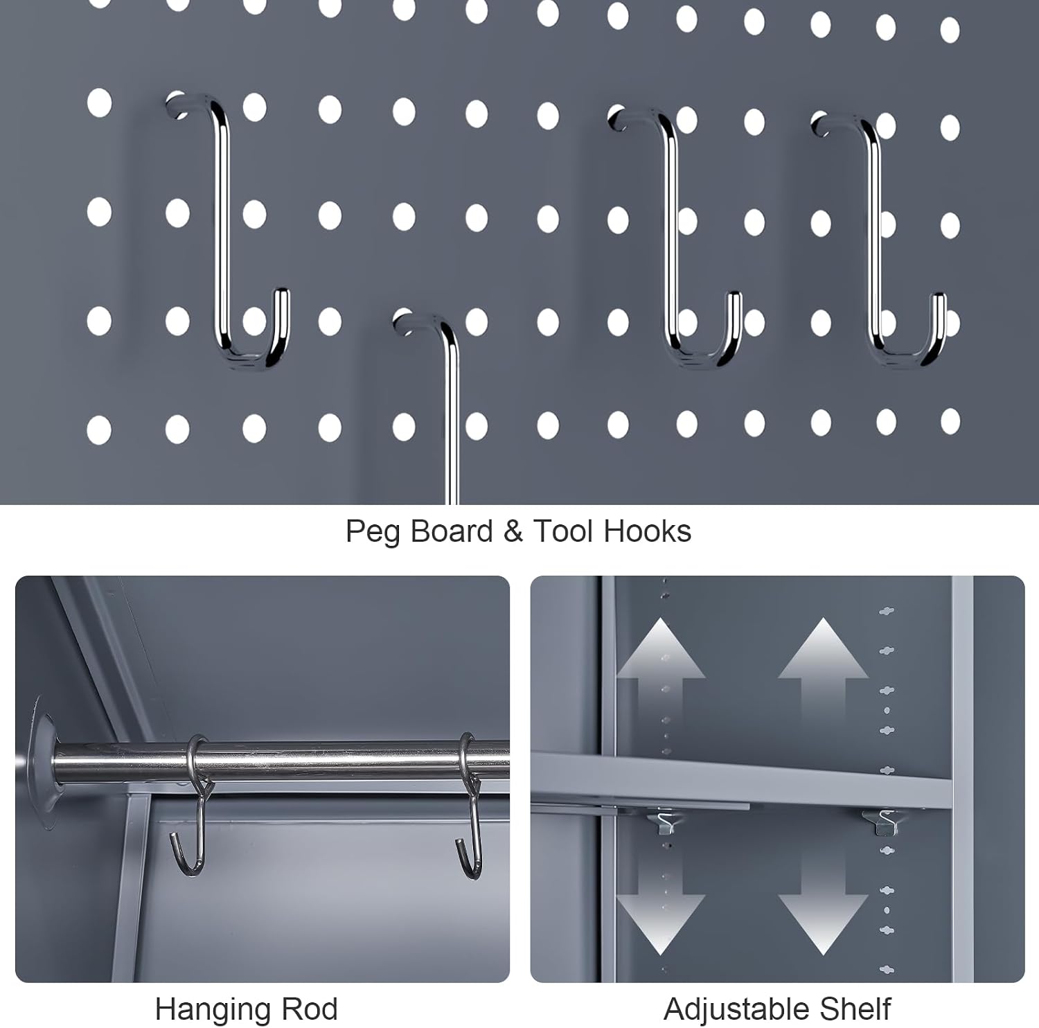 GREATMEET 72.8' H Tall Metal Garage Storage Cabinet for Cleaning Tools, Lockable Double Door Utility Organizer with Pegboard & Tool Hanging Bars, Grey