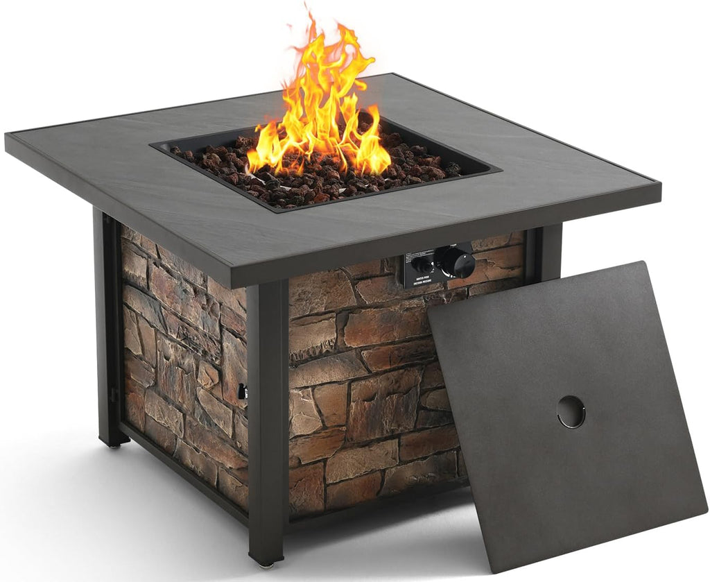 36'' Propane Gas Fire Pit Table, Sintered Stone Tabletop & Polyresin Stone Look Panel, 50000 BTU Gas Fire Pit for Outside Patio and Garden, with Metal Lid & Lava Rocks