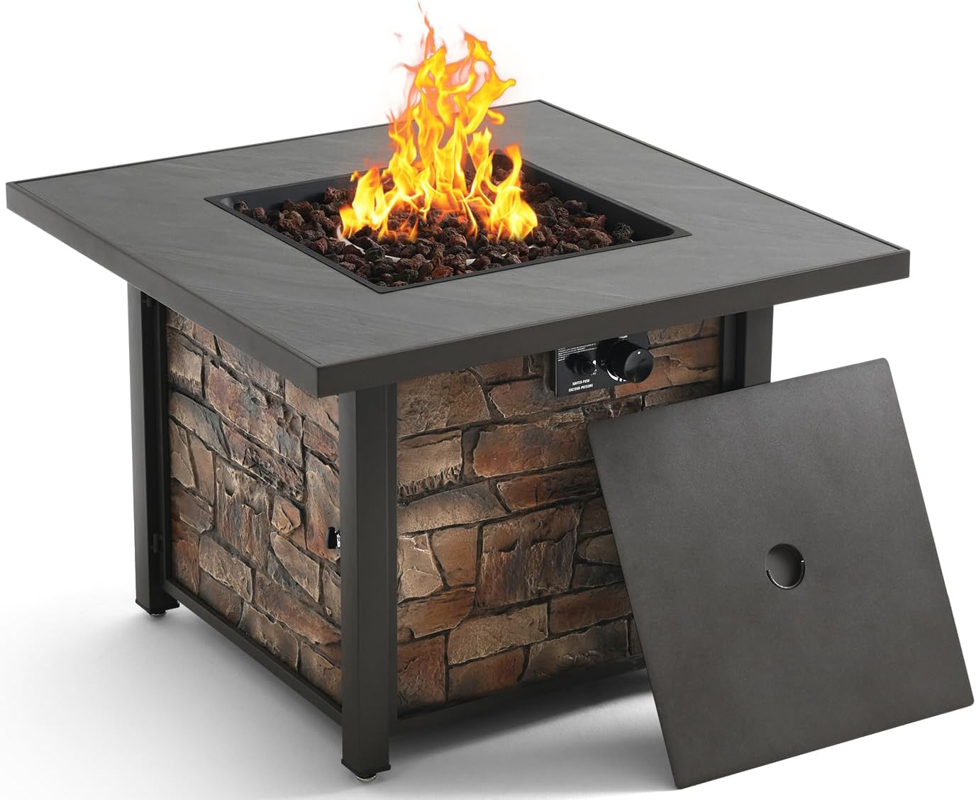 36'' Propane Gas Fire Pit Table, Sintered Stone Tabletop & Polyresin Stone Look Panel, 50000 BTU Gas Fire Pit for Outside Patio and Garden, with Metal Lid & Lava Rocks