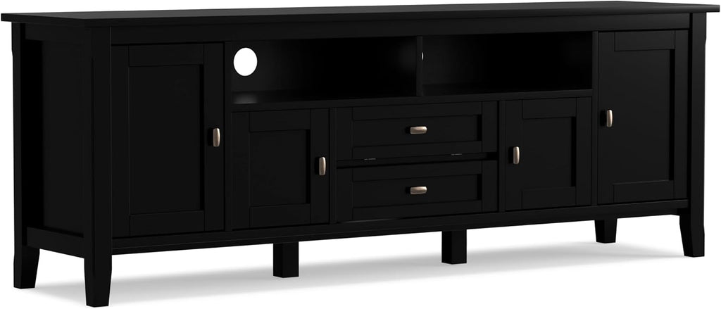 SIMPLIHOME Warm Shaker TV Stand - 72 inch Wide Solid Wood Media Console in Black, Transitional Entertainment Center for Living Room for TVs up to 80 Inches with Cabinets and Cable Management