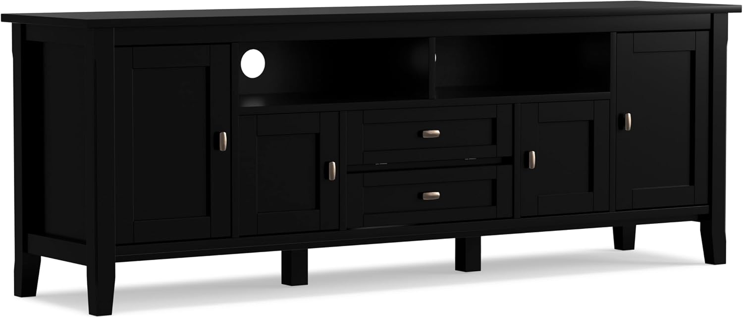SIMPLIHOME Warm Shaker TV Stand - 72 inch Wide Solid Wood Media Console in Black, Transitional Entertainment Center for Living Room for TVs up to 80 Inches with Cabinets and Cable Management