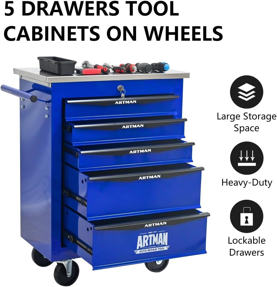 5 Drawers Multifunctional Tool Cart with Wheels,Metal Rolling Tool Cart Storage for Garage Workshop Warehouse Repair Shop-with Stainless Steel Roof- Black&Blue