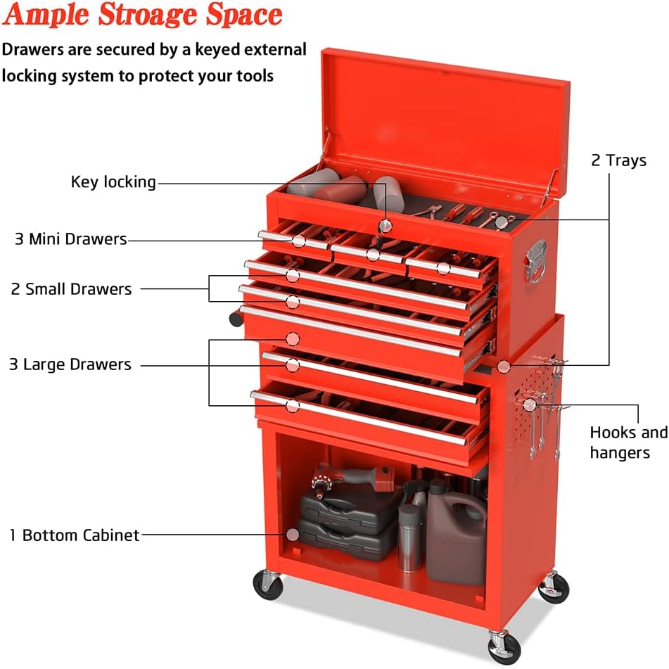 High Capacity Rolling Tool Boxes with Wheels and Drawers, 8-Drawer Storage Cabinet,Detachable Organizer Combo,Mobile Lockable Toolbox for Workshop Mechanics Garage (Red)