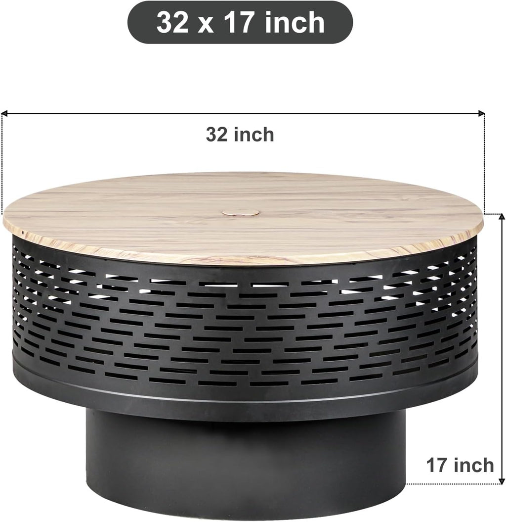 OutVue 32' Wood Burning Fire Pits with Grill & Lid, Fire Pit Table for Outside with Waterproof Cover & Fire Poker, Outdoor Firepit with Functions for BBQ,Table and Bonfire