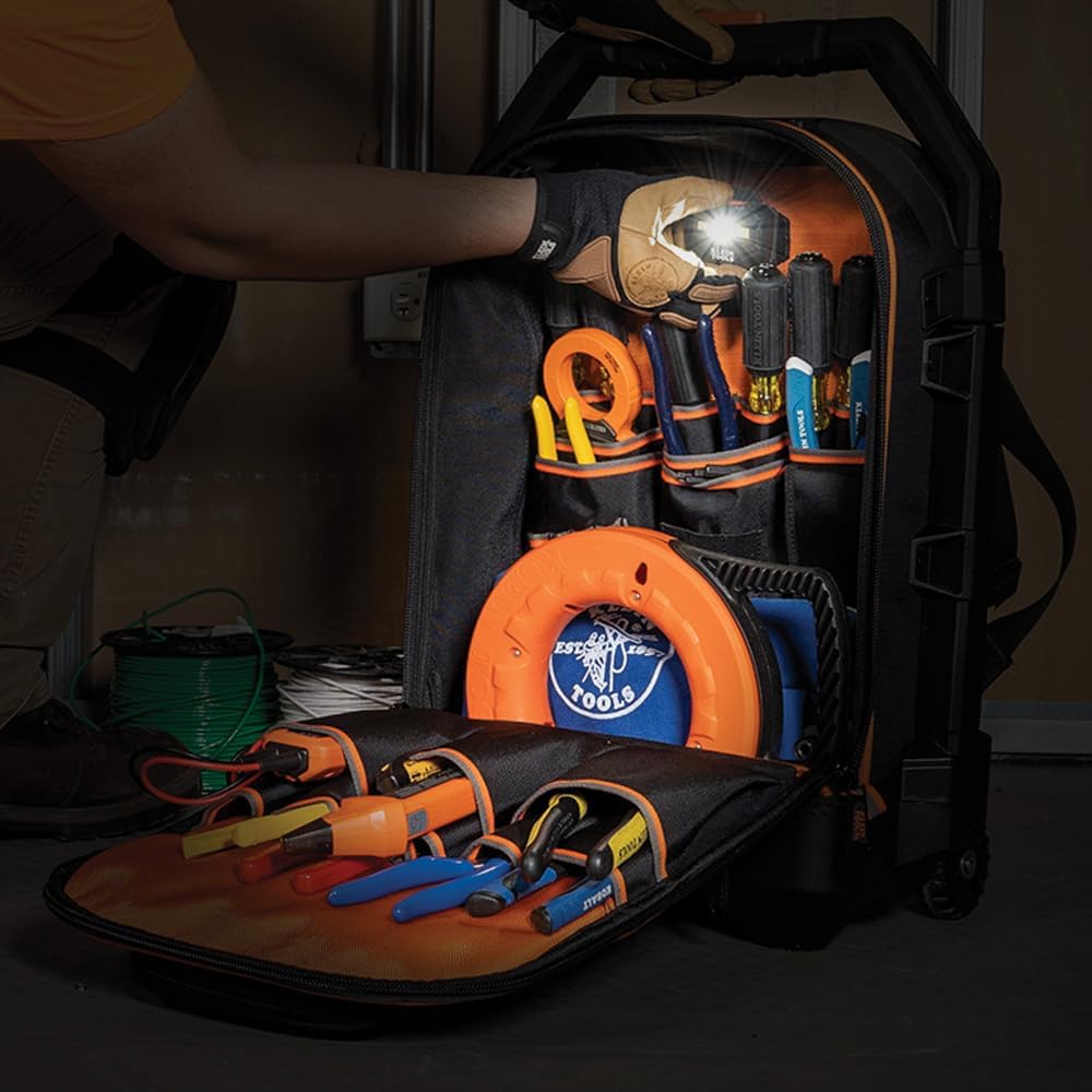 Klein Tools 55604 Rolling Tool Backpack, Tool Bag with 28 Pockets, Heavy Duty Retractable Handle, Large Storage Interior, 3-Inch Wheels