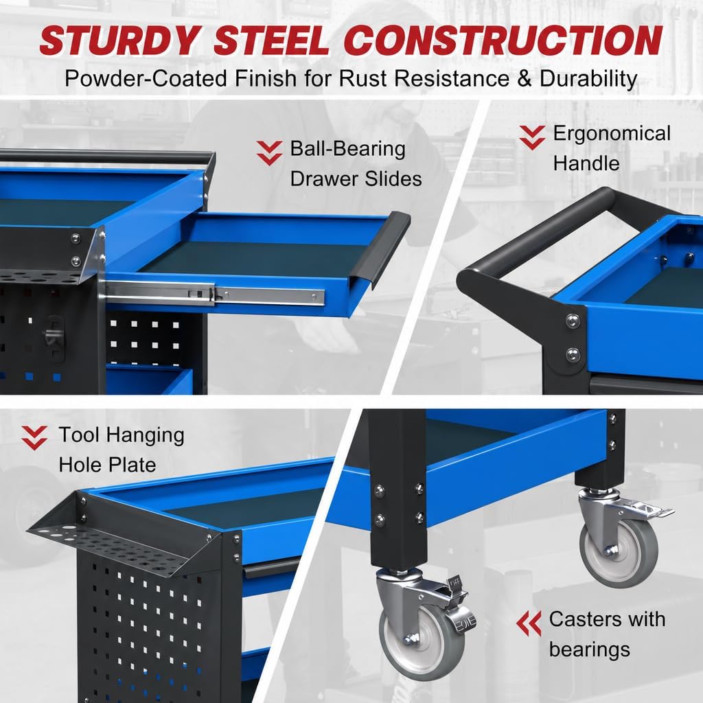 3 Tier Tool Cart on Wheels, Heavy Duty Metal Rolling with Drawers and Pegboards, 660 LBS Load Capacity Tool Storage Cart, Industrial Utility for Garage, Warehouse, Workshop, Blue Black