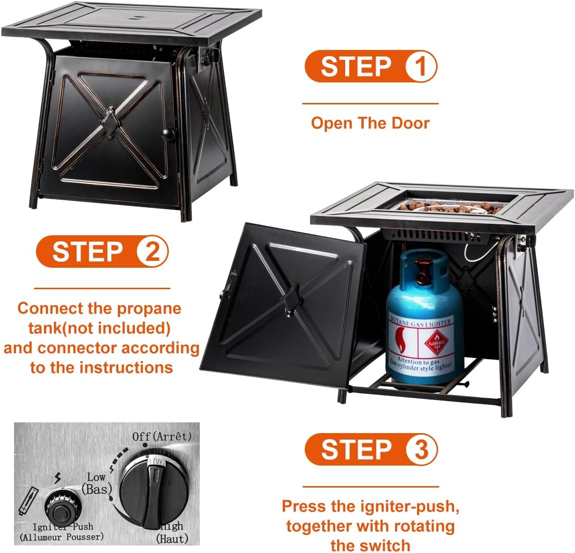 OutVue 28 inch Propane Fire Pit Table,Gas Fire Pits Table for Outside,50000 BTU Propane Firepit with Lid &Lava Rocks,Gas Firepit for Garden,Yard (Black)