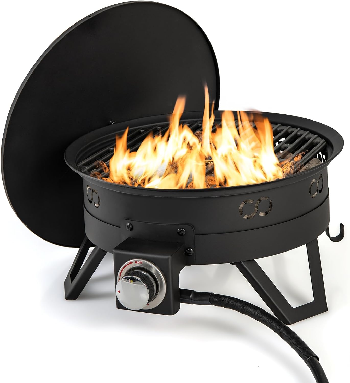Giantex Portable Propane Fire Pit, 17' Small Outdoor Fire Bowl w/Foldable Legs, Round Fireplace with Lid, Removable Grill, Carry Bag, Lava Rocks, 58000 BTU Smokeless Gas Firepit for Outdoor Camping