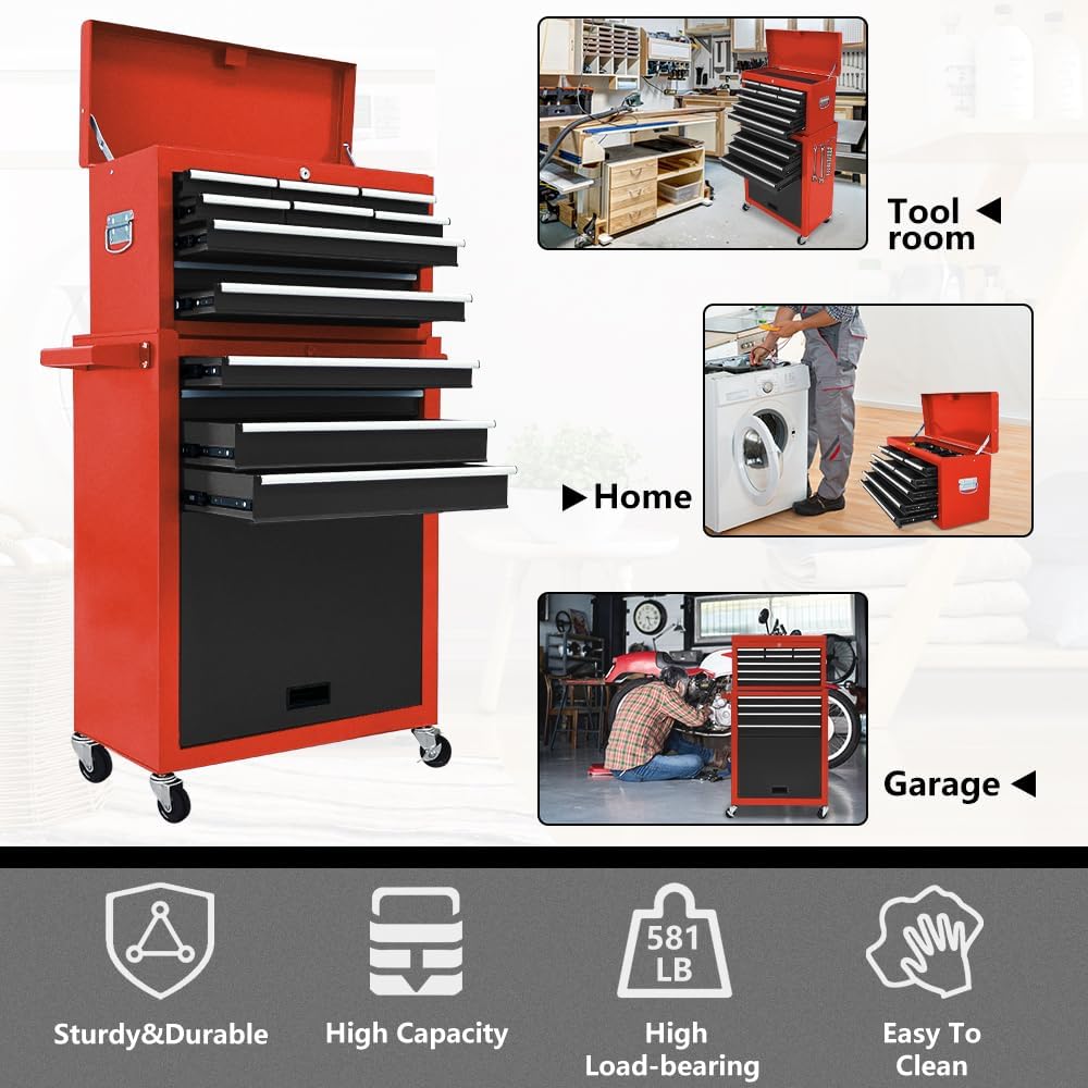 13 Drawers Tool Chest with Wheels,Large Capacity Tool Storage Cabinet with Tool Box, Locking Mechanical Tool Cart with Liner,Suitable for Garages, Warehouses-Black&Red