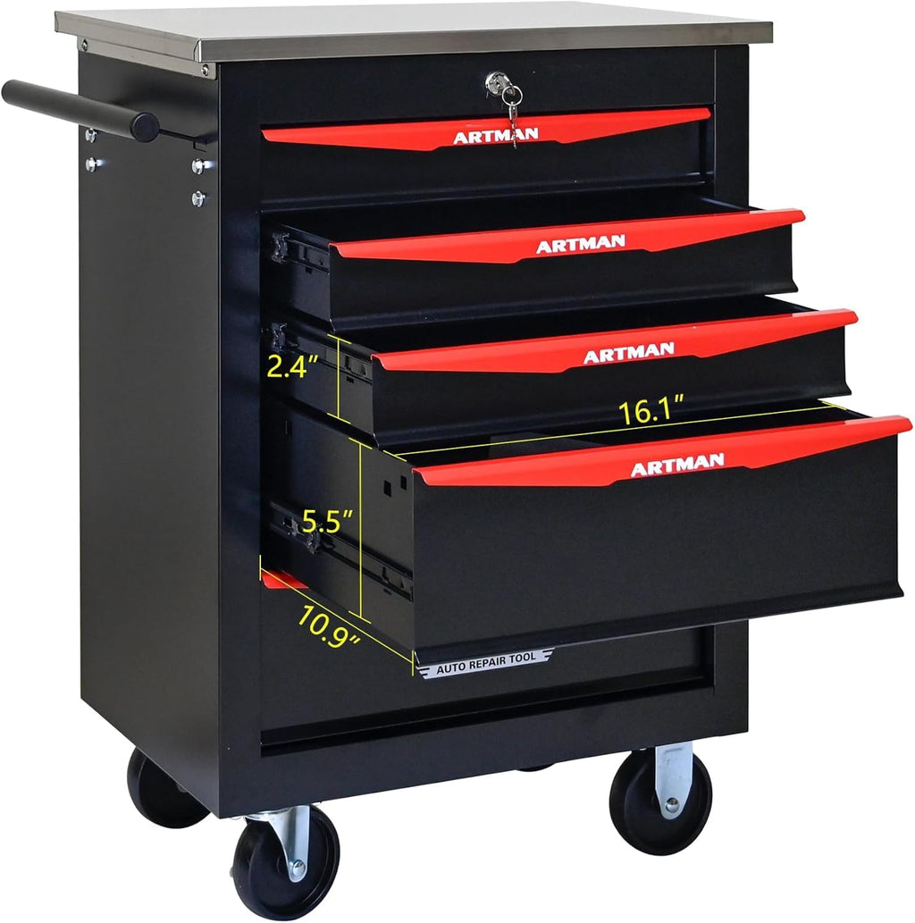 5 Drawers Tool Cart on Wheels, Stainless Steel Countertop Multifunctional Rolling Tool Storage Chest, Drawer Rolling Trolley Organizer Tool Box for Garage,Workshop(5 Drawers-Black)