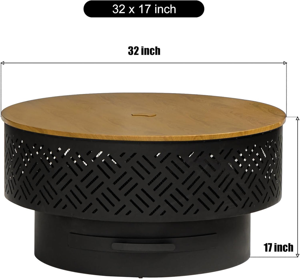 OutVue 32' Wood Burning Fire Pits with Grill & Lid, Fire Pit Table for Outside with Waterproof Cover & Fire Poker, Outdoor Firepit with Functions for BBQ,Table and Bonfire