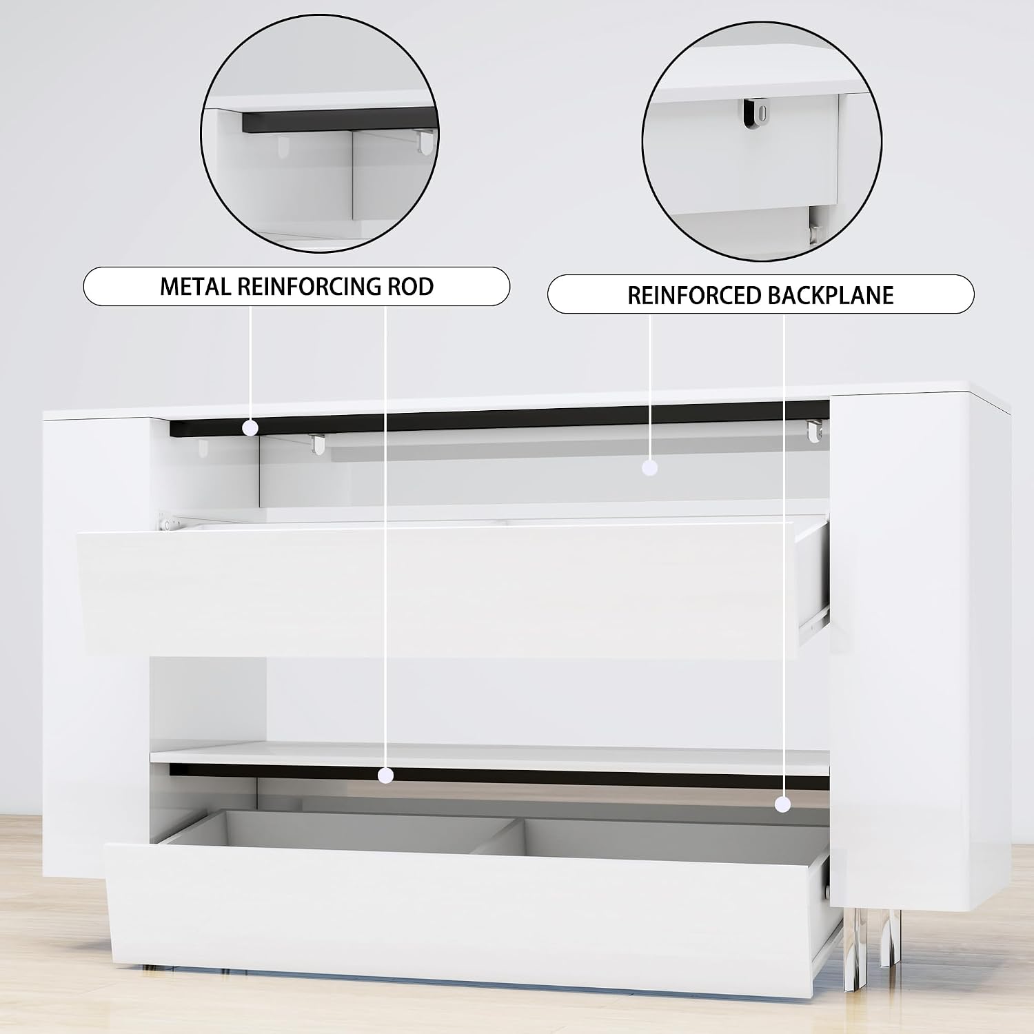 High Gloss TV Stand with 2 Large Drawers & Push-Open Doors - High Gloss Modern TV Console Storage Cabinet for Living Room, Office