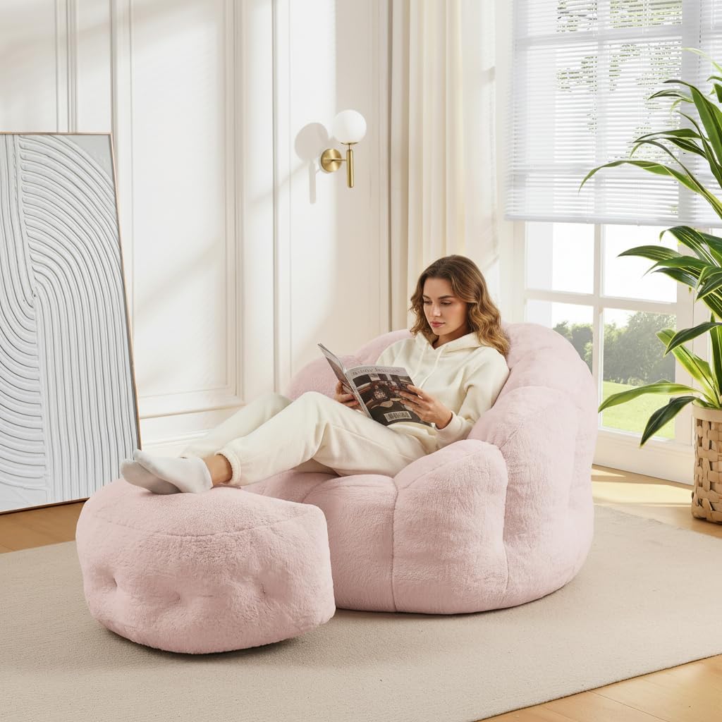 Bean Bag Chair with Ottoman, Pink Flower Bean Bag Chairs for Adults and Teens, Comfy Plush Faux Fur Reading Chair for Living Room, Bedroom, Apartment, Dorm