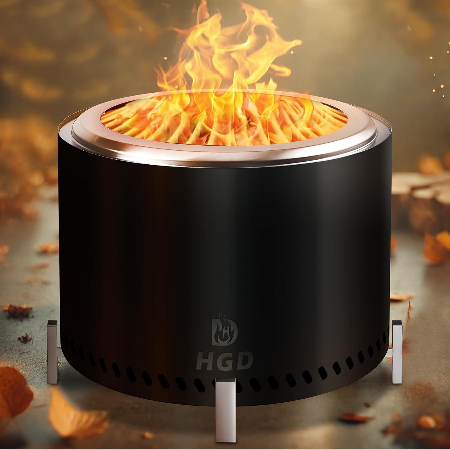 HGD 19.5' Smokeless Firepit with Stand, Stainless Steel Wood Burning Fire Pit for Friends & Family Gatherings, Secondary Combustion Outdoor Patio Stove for Garden BBQ & Bonfire (Black)